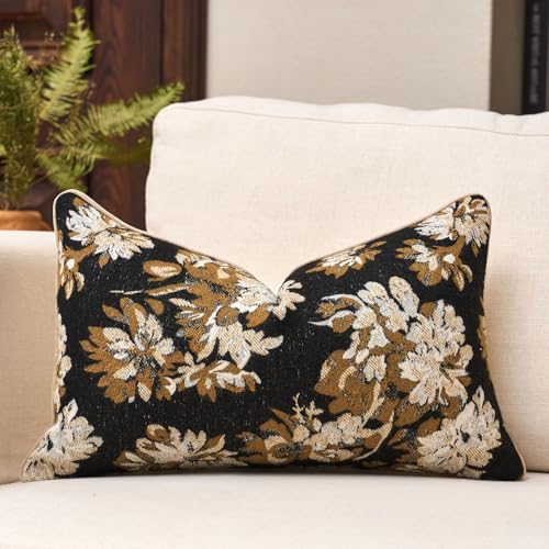 Black Floral Lumbar Throw Pillow Cover 12x20 Fall Vintage Flower Pillow Cover Farmhouse Cushion Cover Neutral Summer Outdoor Pillowcase Home Decor for Couch Sofa Bedroom Living Room - color: F-black, size: 20" x 12" (Pack of 1)