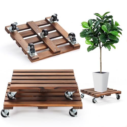 2 Pack Plant Caddy with Wheels, 14" + 12" Rolling Plant Stand 264 LBS Heavy Duty Wooden Square Plant Dolly with Metal 360° Lockable Caster Wheels for Outdoor Indoor Large Plant Pots, Flower Pot, Patio - size: 14"&12"