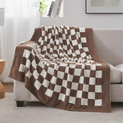 Snuggle Sac Checkered Bedding Blanket Twin Size 60x80, Super Soft Cozy Warm Knit Blankets, Reversible Breathable Lightweight Fluffy Throws for Sofa Bed, Checkered Brown, 60x80 Inches - color: Checkered Brown, size: Twin(60"x 80")