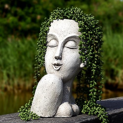 Face Head Planter Pots for Indoor Outdoor Plants Large Flower Pots Unique Succulent Planter with Drainage Hole Creative Lady Pot Resin Women Statue Vase Garden Decor- 11.4 x 8.7 x 5.5 Inch