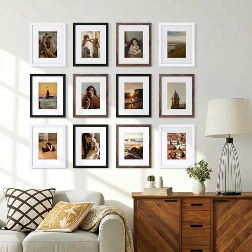 Vittanly 8x10 Picture Frames Set of 12, Wall & Tabletop, Black&Brown&White | Display Pictures 5x7 with Mat or 8x10 without Mat, Small Photo Frames, Engineered Wood with Shatter Resistant Plexiglass - color: Black&Brown&White, size: 8x10