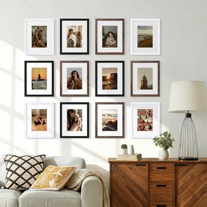 Vittanly 8x10 Picture Frames Set of 12, Wall & Tabletop, Black&Brown&White | Display Pictures 5x7 with Mat or 8x10 without Mat, Small Photo Frames, Engineered Wood with Shatter Resistant Plexiglass - color: Black&Brown&White, size: 8x10