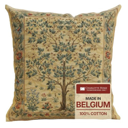 William Morris Tree of Life Light Tapestry Throw Pillow Cover 18 x 18 in - color: Beige,brown,white,green,red