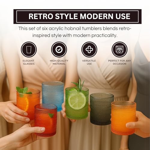 Khen Plastic Hobnail Drinking Glasses Set of 6 Neutral Tones Cups 10oz, Shatterproof & Unbreakable Acrylic Beaded Design, BPA-Free, Dishwasher Safe Indoor/Outdoor Drinkware for Water, Juice, Cocktails - color: Retro Style