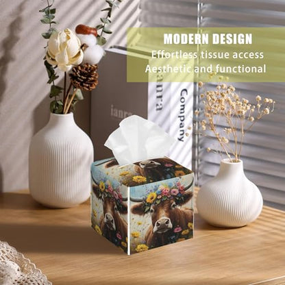 Leather Tissue Box Holder Cow with Flowers Tissue Box Cover Facial Paper Case Organizer Cube Napkin Dispenser for Bathroom Vanity Countertop Night Stand Office Car - color: Cow With Flowers