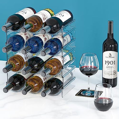 Plastic Water Bottle Organizer and Wine Rack Storage Holder,4 Tier 12 | Containers Stackable Free-Standing Bottle Storage Rack for Kitchen Countertops, Table Top, Pantry, Cabinets, Fridge - Clear