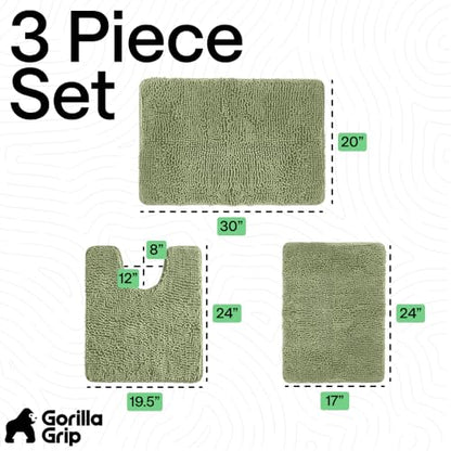 GORILLA GRIP Bathroom Rug Sets 3 Piece, Bath Mat Set and Oval Toilet Base with Rubber Backing, Plush Absorbent Shaggy Chenille Washable Mats, Includes 24x19.5, 24x17 and 30x20 Inch Rugs, Sage - color: Sage, style: 24"x19.5" + 24"x17" + 30"x20" - 3 Pack