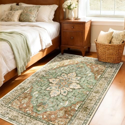 RELEANY Washable Vacuum-Friendly Area Rugs 3'x5' Brick/Brown/Green | Low Pile Stain-Resistant, Soft Non-Slip, Floral Vintage Distress Print Pattern Medallion, for Living Room Bedroom Hallway - color: Brick/Brown/Green, size: 3' x 5' (Rectangular)