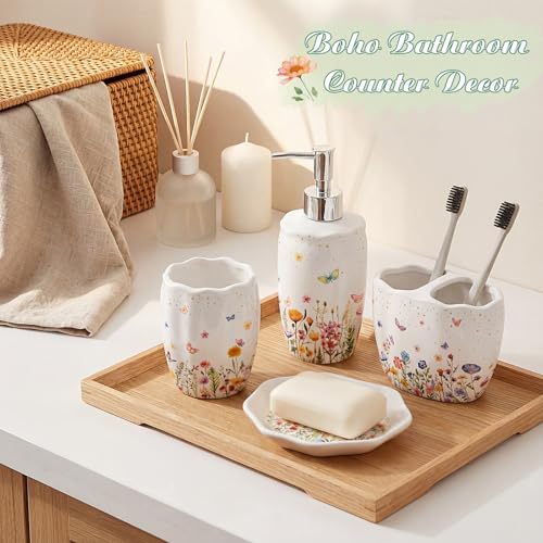 Ceramic Bathroom Accessories Set of 4, Wildflower Meadow Floral Decor with Butterflies & Gold Speckles, Soap Dispenser Pump, Toothbrush Holder, Tumbler Cup & Soap Dish for Countertop Vanity - style: Wildflower