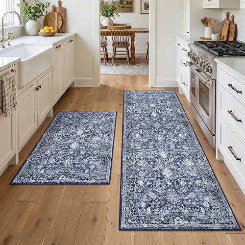 KILOCOCO Kitchen Rug Runner Sets of 2PCS 2x3 and 2x6 Washable Rugs, Blue | Non Slip Kitchen Rug Set, Soft Hallway Runner, Printed Entrance Rugs for Bedroom Entryway Floor Indoor Mat, Thin Throw Rugs - color: Blue/Navy/White, size: 2' x 6' (Set)