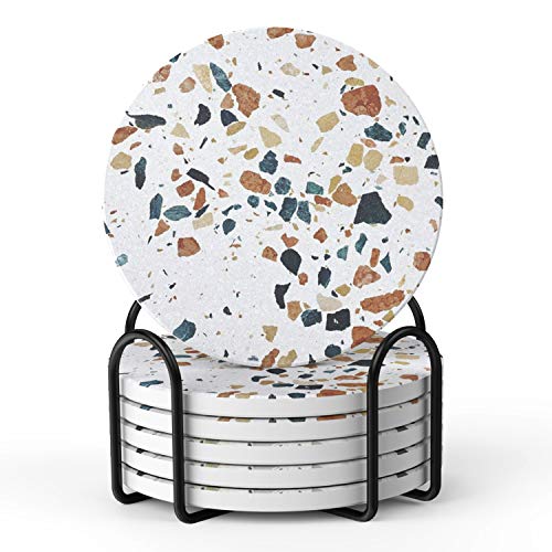 LIFVER Coasters Set of 6, Terrazzo Style Ceramic Drink Coasters with Holder | Set of 6 terrazzo coasters with holder, absorbent & non-slip cork back, protects tables from rings/scratches, stylish gift - color: Terrazzo Marble, size: 6 Pack