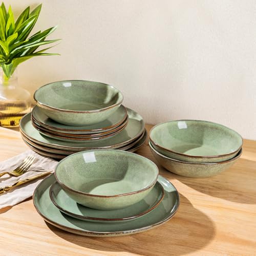 AmorArc Ceramic Dinnerware Sets for 4, 12Pcs Plates and Bowls Sets Dishes | Stoneware Handmade Reactive Glaze Dinner Set, Highly Scratch Resistant | Dishwasher & Microwave Safe Dishware - color: Pastel Green, size: Service for 4