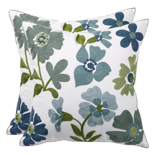 Embroidered Throw Pillow Covers 18x18 inch Pack of 2 Blue Blossoms | Durable Fabric,Square Pillow Cover,Boho Decorative,Hidden Zipper,Aesthetic Design,Ideal Gift,Machine Washable - color: Blue Blossoms