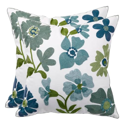 Embroidered Throw Pillow Covers 18x18 inch Pack of 2 Blue Blossoms | Durable Fabric,Square Pillow Cover,Boho Decorative,Hidden Zipper,Aesthetic Design,Ideal Gift,Machine Washable - color: Blue Blossoms