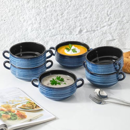HASENSE Ceramic Soup Bowls, 20 oz French Onion Soup Bowls with Handle Set of 6, Small Serving Crock for Stew, Pasta, Chili, Cereal, Microwave Oven and Dishwasher Safe, Blue - color: Blue, size: 20oz - 6pcs