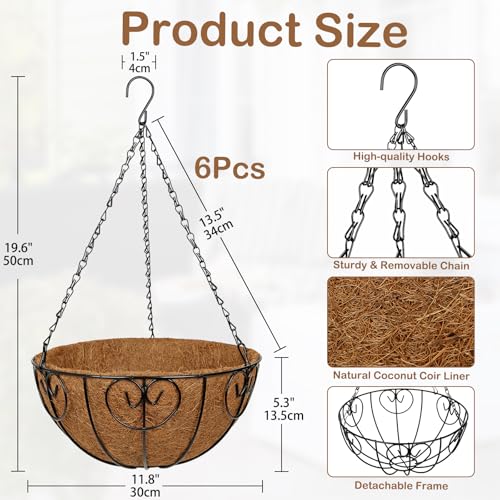 12 inch Metal Hanging Baskets for Plants Outdoor, 6 Pack Metal Wire Hanging Basket Planter with Coco Liner Flower Pots for Indoor Outdoor Garden Porch Patio, Heart-Shaped - size: 12" x 6 Pack, style: Heart