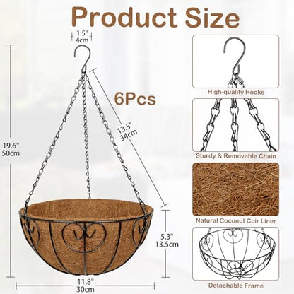 12 inch Metal Hanging Baskets for Plants Outdoor, 6 Pack Metal Wire Hanging Basket Planter with Coco Liner Flower Pots for Indoor Outdoor Garden Porch Patio, Heart-Shaped - size: 12" x 6 Pack, style: Heart