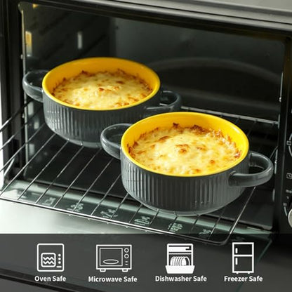 Soup Bowls with Handles, 23 oz French Onion Soup Crocks, Stackable Soup Bowl Oven Safe for Chili, Beef Stew, Embossment Ceramic Bowl Set - 5.4 Inch, Set of 4,Yellow Gray - color: Yellow Gray