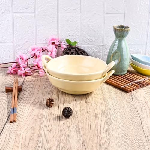 Ceramic Soup Bowls with Handles Set of 2, Cream Yellow Porcelain Snack Bowls, 24 oz Large Salad Bowls, Microwave and Dishwasher Safe