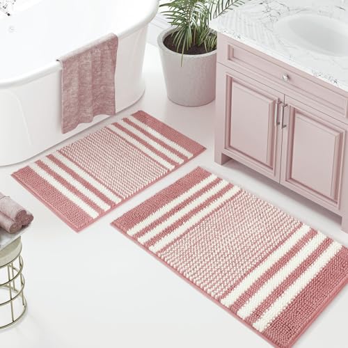 Dusty Pink Bathroom Rugs Set 2 Piece, Extra Soft Absorbent Fluffy Striped Chenille Bathroom Floor Mat, Non Slip Quick Dry Washable Bath Rugs for Shower, 20" x 32" Plus 16" x 24" - color: Dusty Pink and White, size: 20" x 32" Plus 16" x 24"
