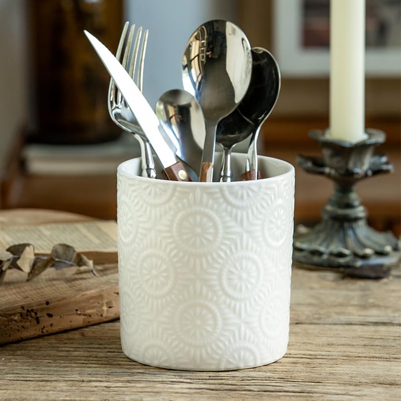 Ceramic Kitchen Utensil Holder, White Embossed Pattern, Farmhouse Style Counter Organizer