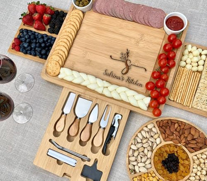 Thanksgiving Gift Custom Charcuterie Board – Bamboo Cheese Tray with Utensils – Personalized Wedding, Birthday & Housewarming Board - color: Design #33