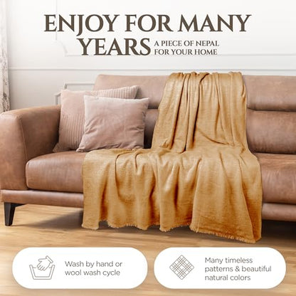 Cashmere Blanket – Hand Woven 100% Pure Wool Throw Blanket, 135 x 270 cm – Fine Herringbone Pattern Cozy, and Soft Blanket for Bed, Sofa, or Couch - Made in Nepal - color: Brown