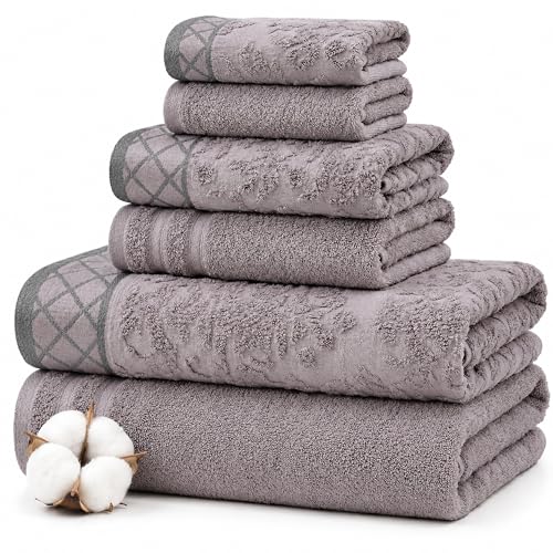 Modern Threads 6 Piece Cotton Bath Towel Set – Ultra Soft 550 GSM Towels – Bathroom Set with Hand Towels and Washcloths – Diamond Border (Silver Cloud) - color: Silver Cloud, size: Standard, style: Diamond Border
