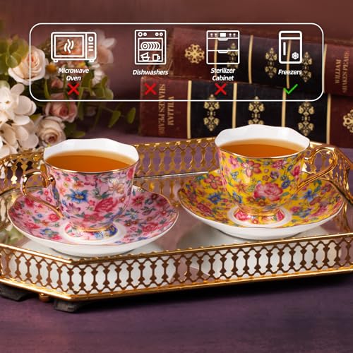 KAMMAK Tea Cup and Saucer, Ceramic Coffee Cups, 6.3 oz, Set of 2 | Porcelain Tea Cups with Saucers for Coffee and Cappuccino, Ideal for Breakfast, Afternoon Tea and Entertaining,645N+646N - style: 645N+646N