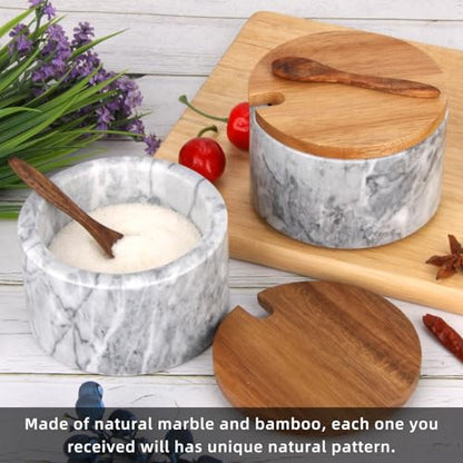 Marble Salt Cellar Box with Wood Lid & Spoon, Light Grey Bowl | Modern White Stone, Pepper Sugar Spice Seasoning Container, Jar Holder Well Keeper Dish Pig Crock, For Kitchen