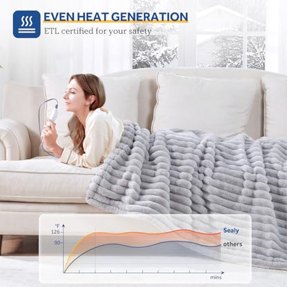 Sealy Electric Blanket Throw 50×60, Faux Fur to Sherpa, Grey | Heated Blanket Throw with 6 Heating Levels, 2-10 Hours Auto Off, Overheat Protection, Machine Washable, ETC Certified - color: Light Grey, size: Throw Size 50" x 60"