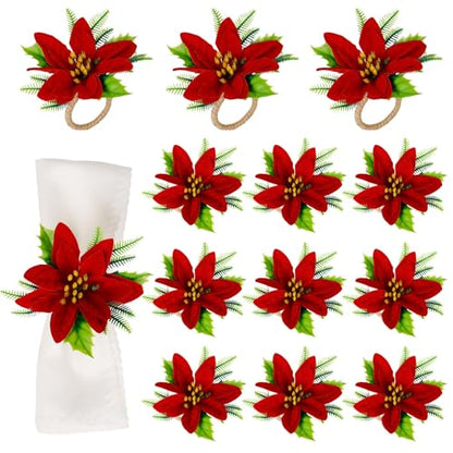 wonlex Flower Napkin Rings Set of 12, Farmhouse Red Green Napkin Rings Holder Buckle for Xmas Mother's Day Dinner Parties Wedding Table Setting(Red Flower) - style: Xmas Flower