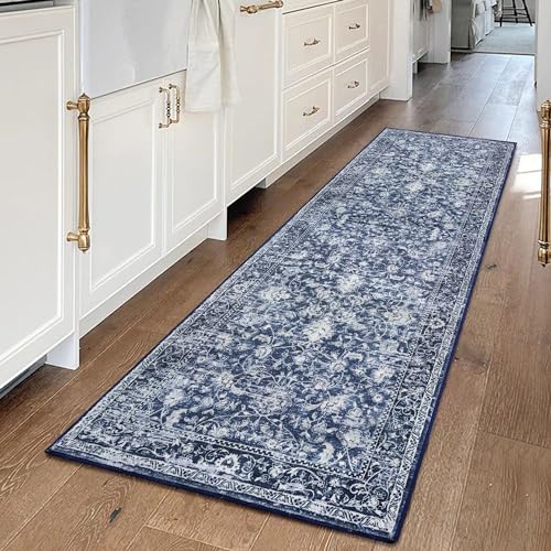 KILOCOCO Hallway Runner 2x5 Washable Runner Rug Non-Slip Kitchen Rug, Blue | Printed Runners for Hallways, Non Skid Kitchen Runner Rug, Soft Entryway Runner, Floral Runners for Bedroom Laundry Room - color: Blue/Navy/White, size: 2' x 5' (Runner)