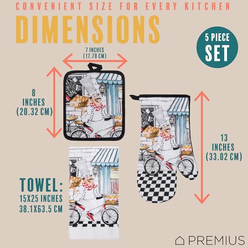 5 Piece Baking Chef Printed Kitchen Linen Set, 2 Cotton Towels, 2 Potholders, 1 Oven Mitt with Hanging Loop, 100% Cotton Material on Front & Polyester Backing, Perfect Kitchen Accessory - color: Baking Chef