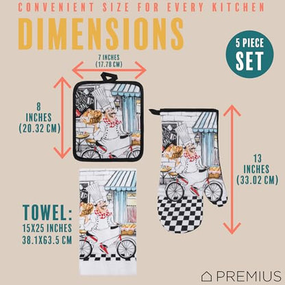 5 Piece Baking Chef Printed Kitchen Linen Set, 2 Cotton Towels, 2 Potholders, 1 Oven Mitt with Hanging Loop, 100% Cotton Material on Front & Polyester Backing, Perfect Kitchen Accessory - color: Baking Chef
