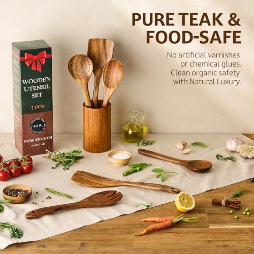 SOOMGYEOL SEOM 7-Piece Teak Wood Cooking Utensil Set with Holder | Natural Teak Wood, Uncoated, 6 Cooking Utensils & Holder, Nonstick Safe - size: 7 PCS Set