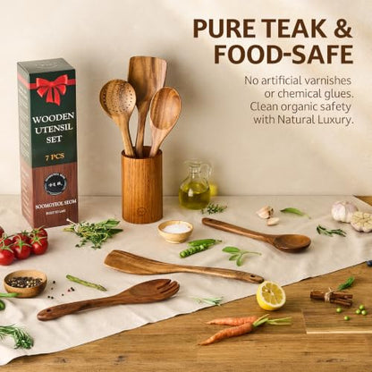 SOOMGYEOL SEOM 7-Piece Teak Wood Cooking Utensil Set with Holder | Natural Teak Wood, Uncoated, 6 Cooking Utensils & Holder, Nonstick Safe - size: 7 PCS Set