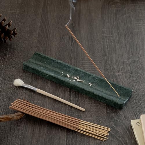 Marble Incense Holder Burner-Natural Stone Stick Incense Tray with Ash Catcher，20 Sticks & Brush - Elegant Decor for Meditation, Yoga, Home,Gift(Green) - color: Green