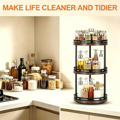 3 Tier Lazy Susan Organizer - 360° Rotating Spice Rack | Industrial Spinning Spice Rack, Versatile Wooden Lazy Susan for Kitchen Cabinet, Countertop, Pantry, Bathroom, Vanity - size: 3 Tier