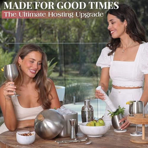 Gusto Nostro Cocktail Set Bartender Kit with Stainless Steel Ice Bucket - Complete Mixology Bar Tool Set with Wooden Organizer, Cocktail Shaker, Jigger, Muddler, Spoon, Tongs, Pourers, Recipe Cards - color: Silver (3.6 qt + Barware)