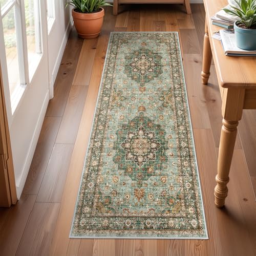 2x6 Washable Hallway Runner Rug: Vintage Kitchen Stain Resistant Carpet | Thin Low Pile Indoor Carpet Soft Retro Floral Entryway Rug for Kitchen Living Room Bedroom Bathroom Laundry Entrance, Green - color: Green, size: 2' x 6' (Rectangular)