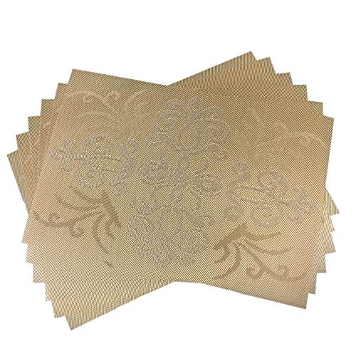 Luxury Gold Placemats Set of 6 Crossweave Woven Vinyl Placemat for Dining Table Heat Resistant Non-Slip Kitchen Table Mats Easy to Clean - color: Symmetry-gold