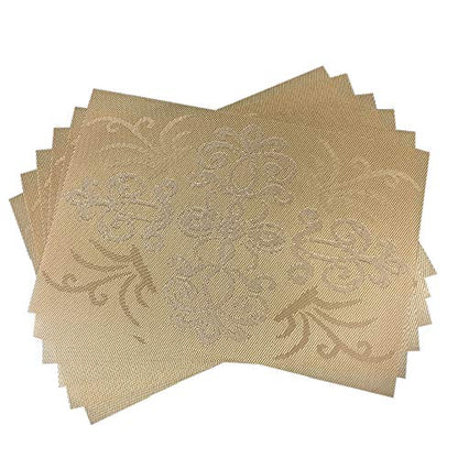 Luxury Gold Placemats Set of 6 Crossweave Woven Vinyl Placemat for Dining Table Heat Resistant Non-Slip Kitchen Table Mats Easy to Clean - color: Symmetry-gold