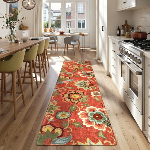 Lahome Floral Christmas Runner Rug 2x8, Non-Slip Washable | Hallway Lightweight Kitchen Non-Skid Throw Entryway Rug, Paisley Print Carpet for Bathroom Bedroom Cloris - color: 2-coral, size: 2' X 8' (Runner)