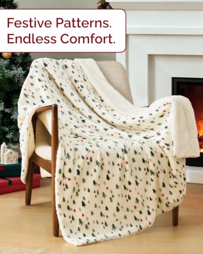 Christmas Sherpa Blanket Throw Size, Reversible Blanket - Trees, 50x60 | Super Soft Double Sided Throw for Bed, Sofa, Couch, Reversible Sherpa Fleece Blanket, Thick, Warm, Plush, Xmas Winter Bedding - color: 01 - Trees