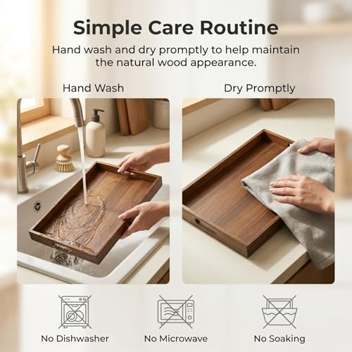 Acacia Wood Serving Tray with Handles, 17"x12" Large Rectangular Decorative Wooden Tray, Coffee Table Tray for Breakfast, Drinks, Snacks in Bed, Decorative Wooden Tray for Home