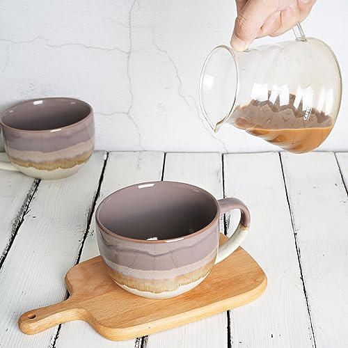 Bosmarlin Ceramic Jumbo Coffee Mug Set of 2, 23 Oz, Large Mug Soup Bowls with Handles, Dishwasher and Microwave Safe (Purple) - color: Purple