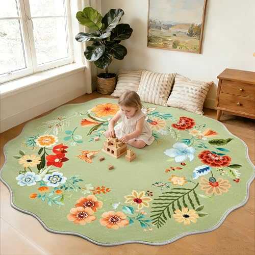 Carvapet 6ft Scalloped Green Round Rug - Sage Floral Washable Carpet | Skid resistant soft 6ft circle mat under $60 perfect for nursery glider chair or round dining table spaces cleanly - color: Green Round Rug, size: 6' (Round)