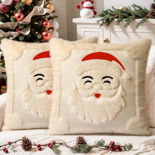 Faux Fur Christmas Pillow Covers 18x18 Set of 2 | Beige Soft Plush Farmhouse Decorative Cushion Case for Couch Christmas Home Decor - color: Beige Santa Claus, size: 18" x 18" (Pack of 2)