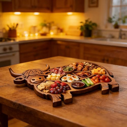 High Cow Wooden Board with Compartments Food Platter Appetizer Serving Tray Farmhouse Home Party Decors